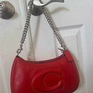 Coach Red Quilted Signature Terry Shoulder Bag with Chain Strap